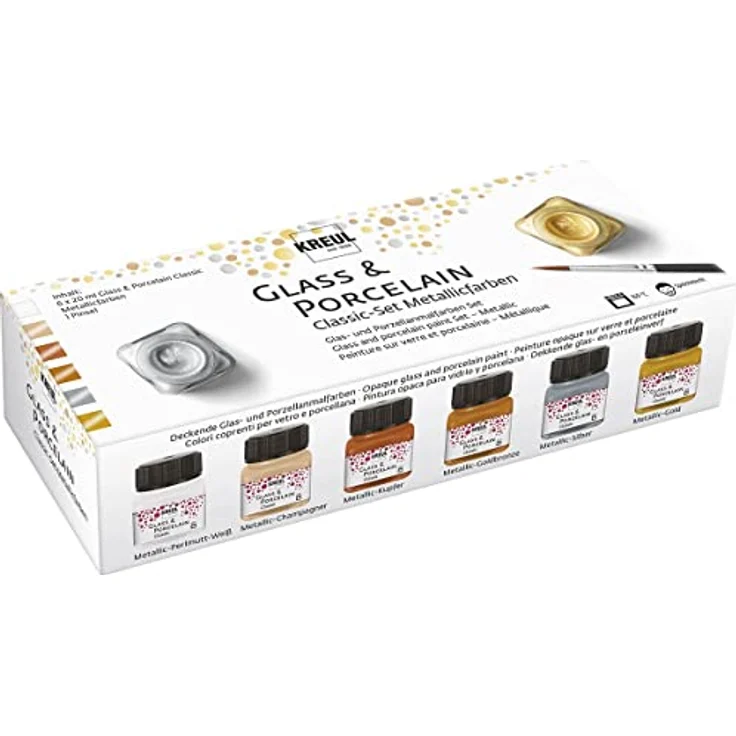 KREUL Glass & Porcelain Set Classic Metallicfarben, 6 x 20 ml, brillante metallisch-deckende Farben auf Wasserbasis, inkl. Pinsel – Bild 1