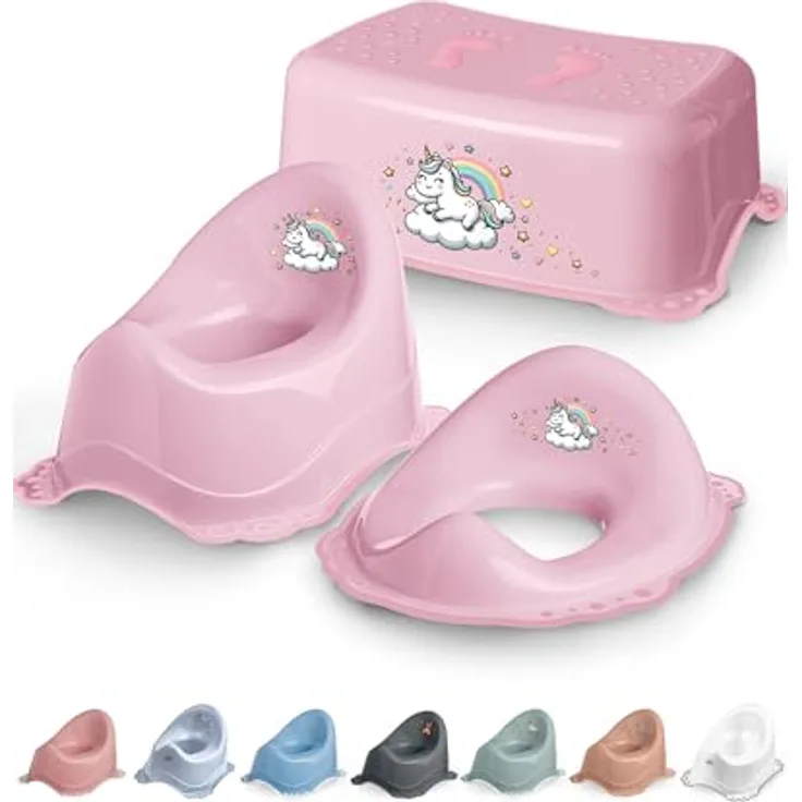 DOCARI Kinder Töpfchen Set 3 in 1, pink Einhorn – stabiler Toilettentrainer mit rutschfesten Elementen, inklusive Töpfchen, Toilettensitz und Hocker, ideal für Töpfchentraining ab 1 Jahr