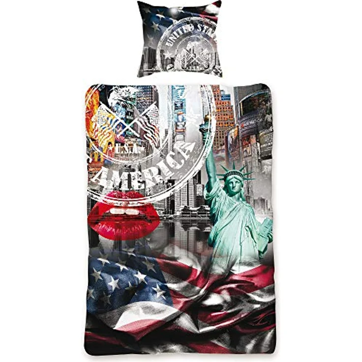 BERONAGE USA Bettwäsche-Set Stars and Stripes 135x200 + 80x80 cm 100% Baumwolle Amerika Bettbezug Blau Weis Rot New York Taxi Las Vegas San Francisco Stern-e Sternchen 2 Motive deutsche Größe Reißverschluss – Bild 5