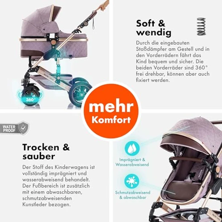 Daliya® BAMBIMO 2in1 Kinderwagen & Buggy, mit Babywanne und Sportsitzfunktion, rose, Aluminiumgestell, UV-Schutz 50+, pannensichere Airless-Räder – Bild 4