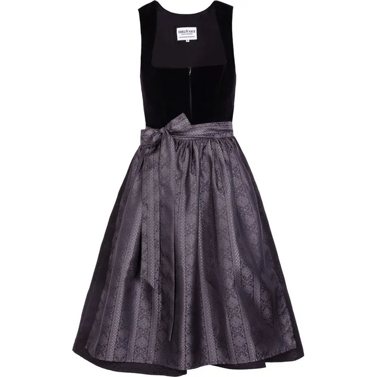Edelnice Dirndl Midi Evi Samt Schwarz, exquisites Trachtenkleid mit edlem Samtmieder, dunklem Jacquardstoff und schimmernder Schürze