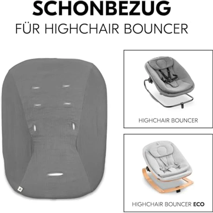 hauck Schonbezug für Babywippe Highchair Bouncer (Eco), Baumwolle mit Gummizug und Gurtschlitze für 5-Punkt-Gurt, waschbar bei 60°C, Dunkelgrau – Bild 3