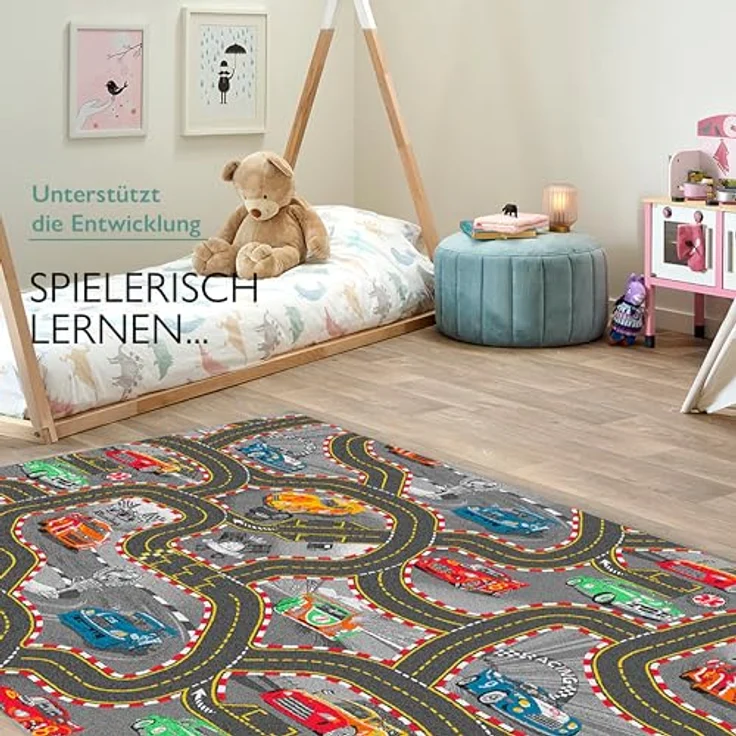 Carpet Studio Kinderteppich Racer, Spielteppich für Kinderzimmer 140x200cm, Antirutsch, 30°C waschbar, handgebunden, farbenfrohes Design – Bild 3