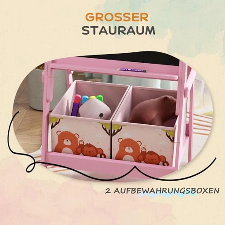 AIYAPLAY Kinder Staffelei 2-in-1, doppelseitige Tafel mit Kreidetafel und Whiteboard, inkl. 2 Aufbewahrungsboxen, rosa, für Kinder 3-8 Jahre – Bild 4