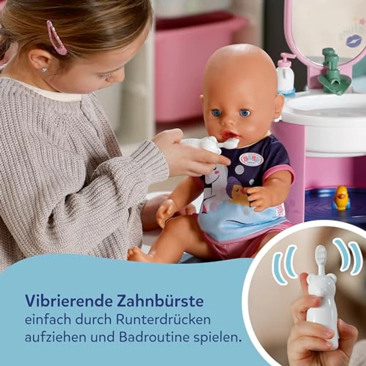 BABY Born Handwaschbecken, Puppenwaschtisch mit Wasserfunktion, inkl. Zahnbürste und Seifenspender, passend für 36cm und 43cm Puppen, farbenfrohe Unterwasserwelt-Sticker – Bild 4