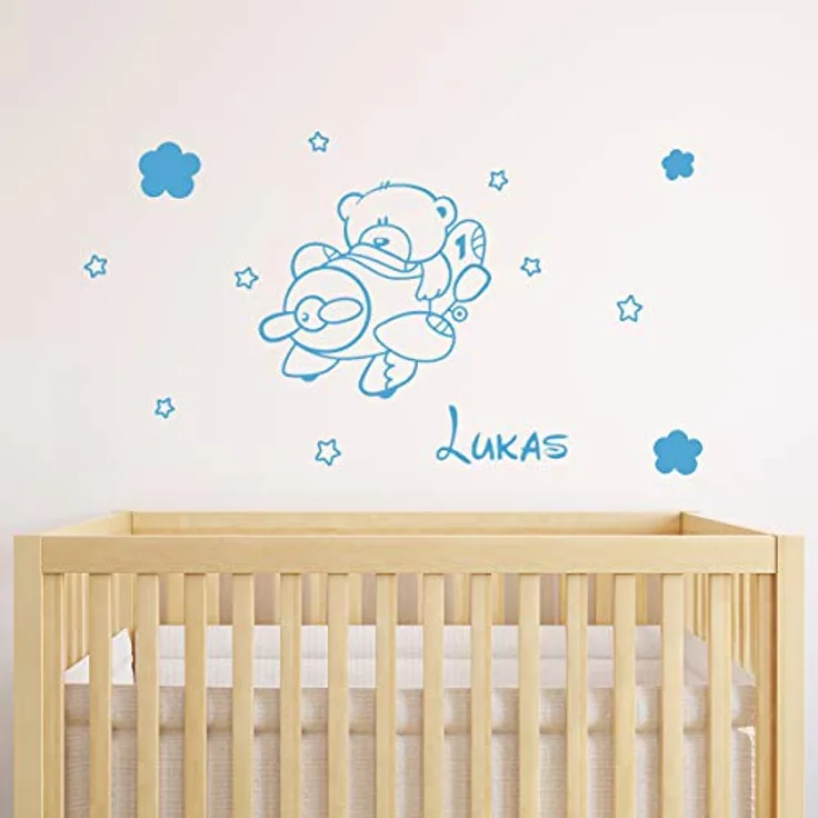 Ambiance Sticker Personalisierte Vornamensaufkleber | Selbstklebender Ouson im Flugzeug – Wanddekoration Kinderzimmer | 2 Bögen à 30 x 30 cm und 40 x 25 cm - Eisblau