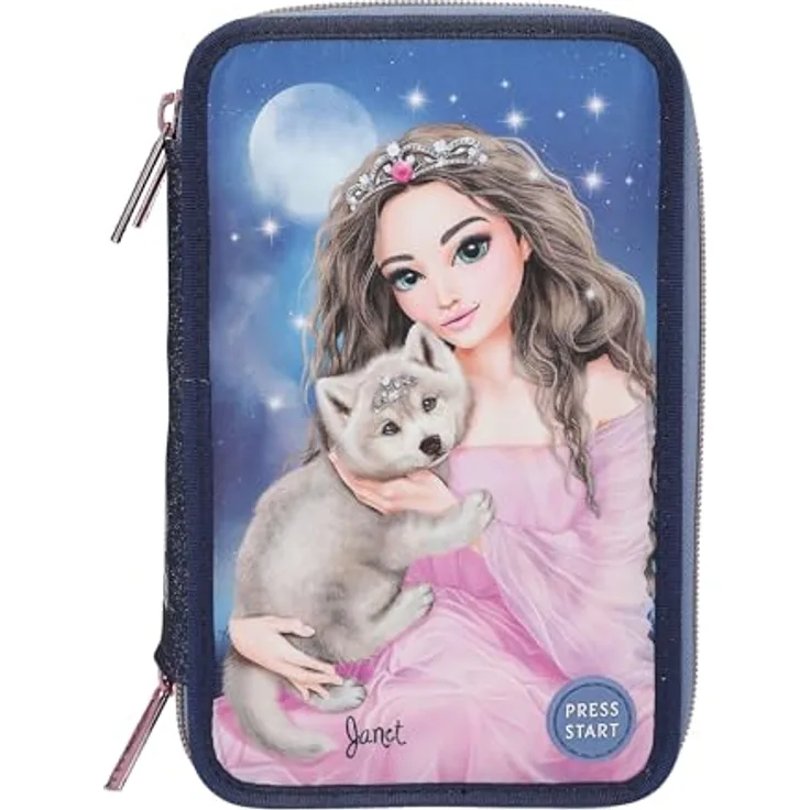 Depesche TOPModel 3-Fach Federtasche LED WOLF inkl. Stifte, Model Motiv, Dunkelblau, mit LED Mond und Sternen