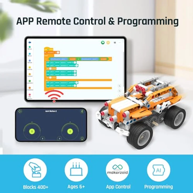 makerzoid STEM Coding Robot Kit - 26 in 1 programmierbares Scratch Jeep-Roboter-Set, RC Auto mit App Steuerung, 400+ Teile, für Kinder ab 6 Jahren – Bild 3