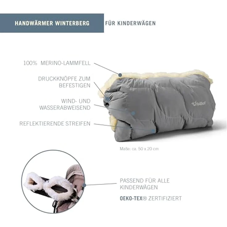 Fellhof® Kinderwagen Handwärmer Winterberg, 100% Merino-Lammfell, wind- und wasserabweisend, reflektierende Streifen, OEKO-TEX® zertifiziert, Universalgröße für alle Kinderwagen, grau – Bild 2