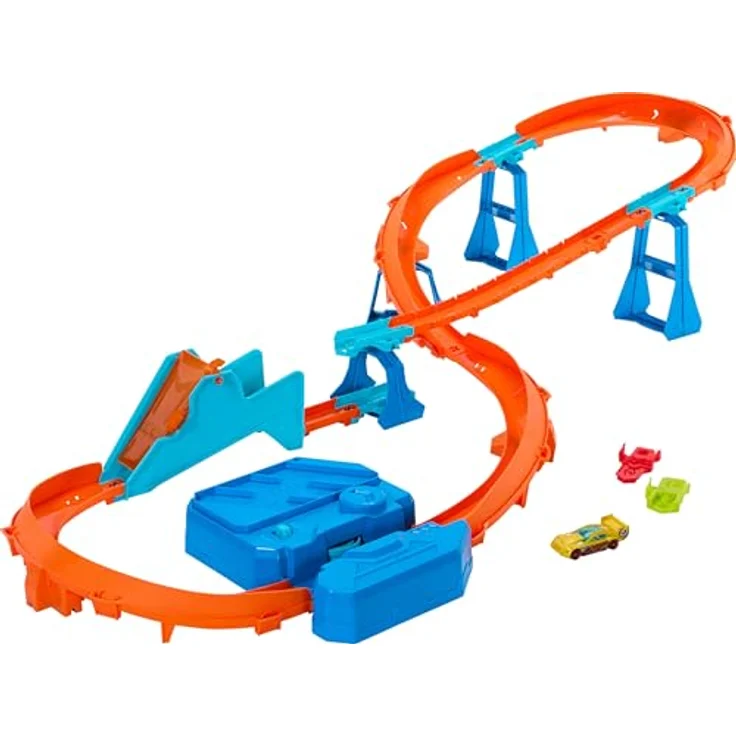 Hot Wheels Deluxe Streckenset JDB49, motorisierter Beschleuniger, 1:64 Maßstab, Track-Schnellstecksystem, individuelle Bauvarianten, Sprung-Strecke – Bild 1
