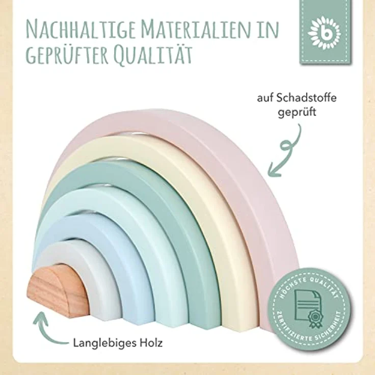BIECO Stapelspielzeug Regenbogen, Holzspielzeug zur Förderung der Motorik, Pastellfarben, 24x12x3,5 cm – Bild 5