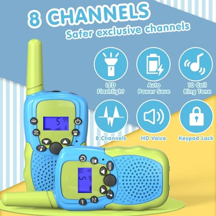Kearui Walkie Talkies für Kinder, 8 Kanal Funkgerät mit Hintergrundbeleuchteter LCD-Taschenlampe, 3 Meilen Reichweite, für 3-12 Jahre, Blau-Grün – Bild 3