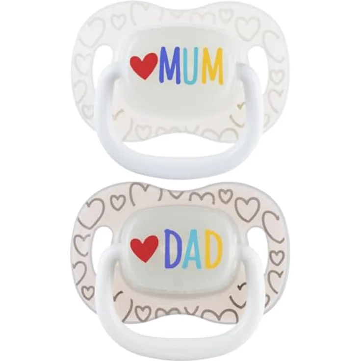 Canpol babies Silikon Schnuller LoveMum&Dad, symmetrisch, hypoallergen, 2 St., mit Sterilisationsetui, 0-6 Monate, leuchtet im Dunkeln