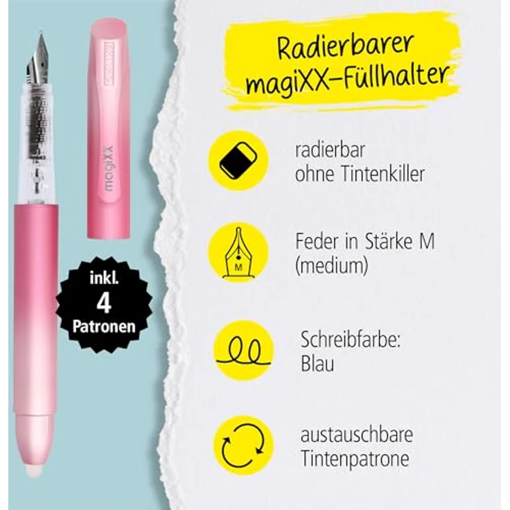 Online Pen magiXX Radierbarer Füller, blaue Tinte, inkl. 4 Patronen, Schreibgerät für Rechts- und Linkshänder – Bild 2