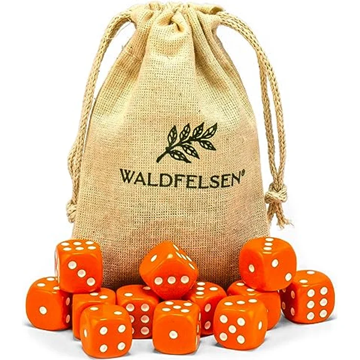 Waldfelsen 12 Stück Acrylwürfel Set, 16 mm, orange, inkl. Stoffbeutel, hochwertig, 6-seitig – Bild 1