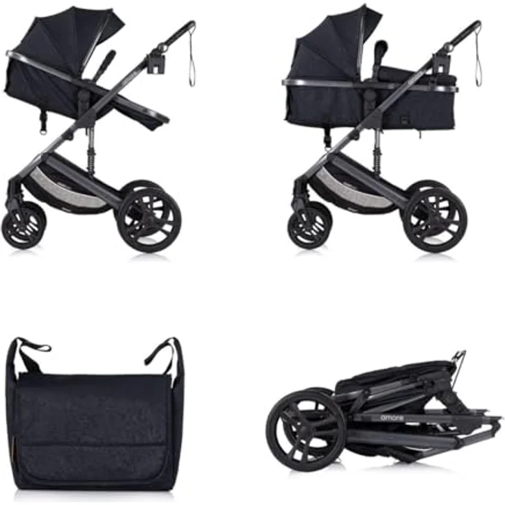Chipolino Kinderwagen 2 in 1 Amore Getränkehalter Wickeltasche Fußabdeckung Korb, schwarz gemustert – Bild 3