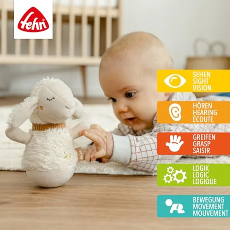 Fehn fehnNATUR Schaf Mini-Stehauf, Greifling aus Biobaumwolle (kbA) mit Glöckchen, Ecru, für Babys ab 0 Monaten – Bild 2