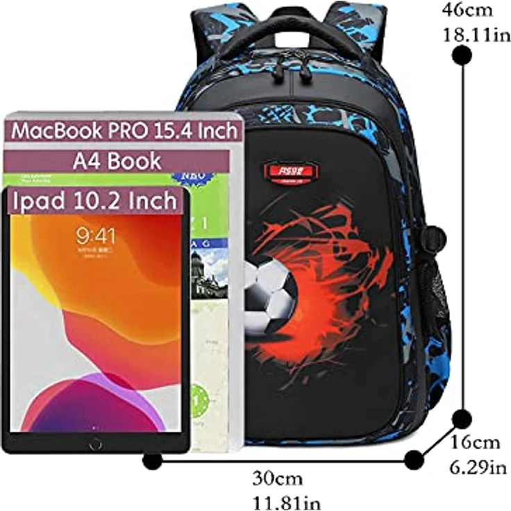 Asge Schulrucksack Jungen Mädchen, Ergonomischer Ranzen mit Fußball Druck, wasserdicht, 46cm x 30cm x 22cm, für 8-14 Jahre – Bild 3