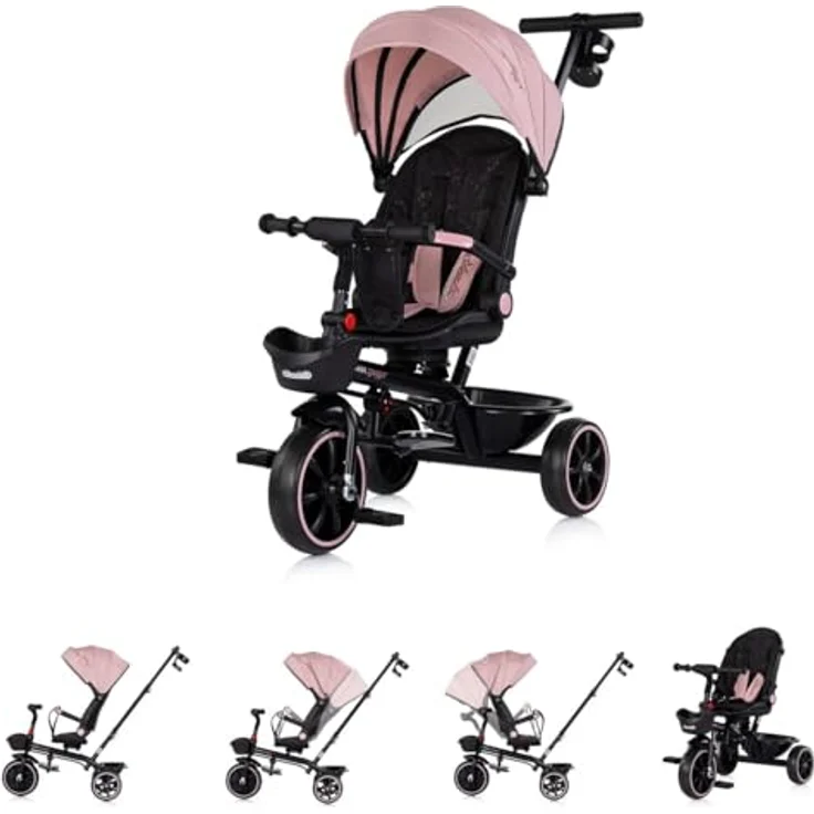 Chipolino Tricycle Max Sport 2 in 1, Dreirad mit 360° drehbarem Sitz, Becherhalter und klappbarem Verdeck, rosa schwarz – Bild 1
