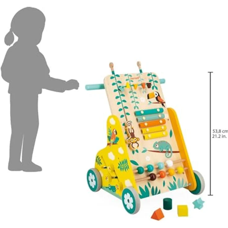 Janod - Multi-Aktivitätswagen Tropik - Laufwagen aus Holz - Lernspielzeug mit 6 Aktivitäten - Leise Räder und Feststellschraube - FSC-zertifiziert - Wasserfarbe - Ab 1 Jahr, J08269 – Bild 4