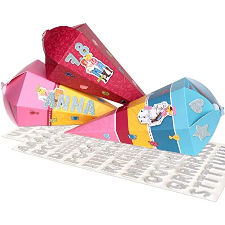 Papierdrachen Schultüten Set, 3 bedruckte 24,5 cm Zuckertüten mit Bibi und Tina Motiv, inkl. dekorativen Moosgummi Aufklebern zum Selbstgestalten – Bild 1