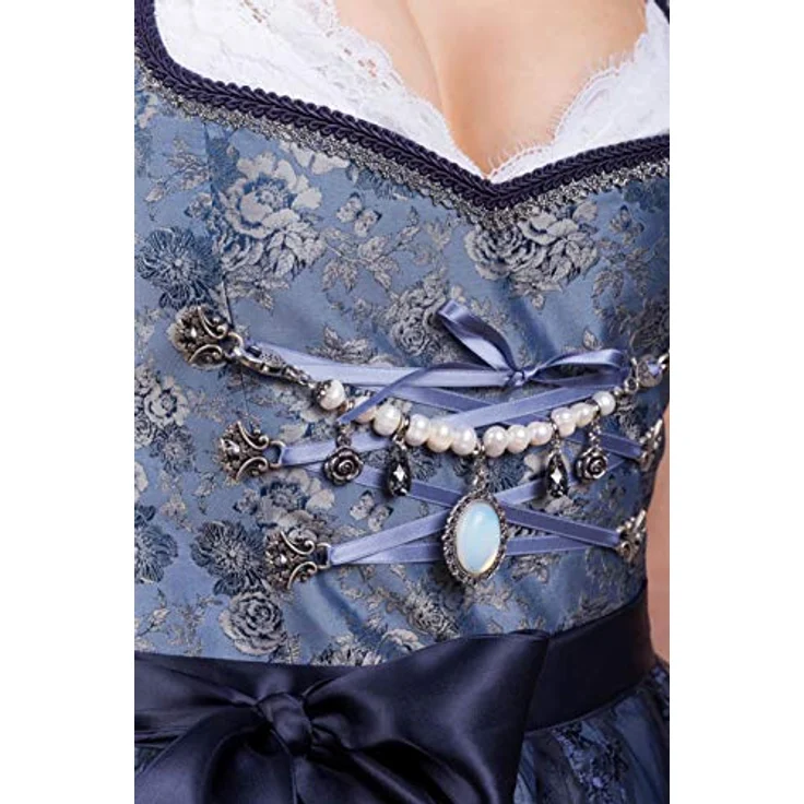 Edelnice Dirndl Adriana, Damen Dirndl in hellblau-silbernem Brokatstoff mit dunkelblauer Spitzenschürze – Bild 8