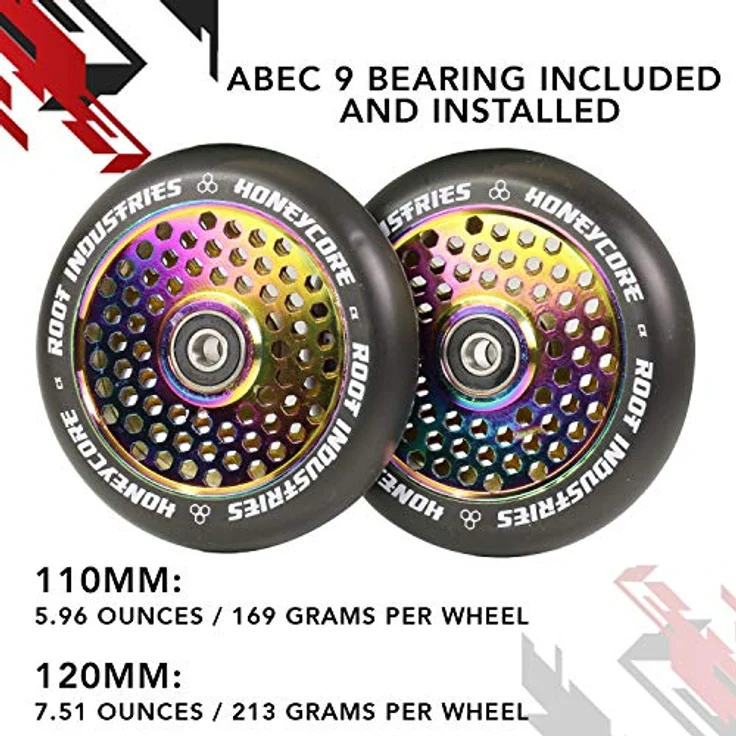 Root Industries Honeycore Stunt-Scooter Rollen 110mm Rainbow, Leichte Waben Struktur, Abec 11 Kugellager – Bild 4