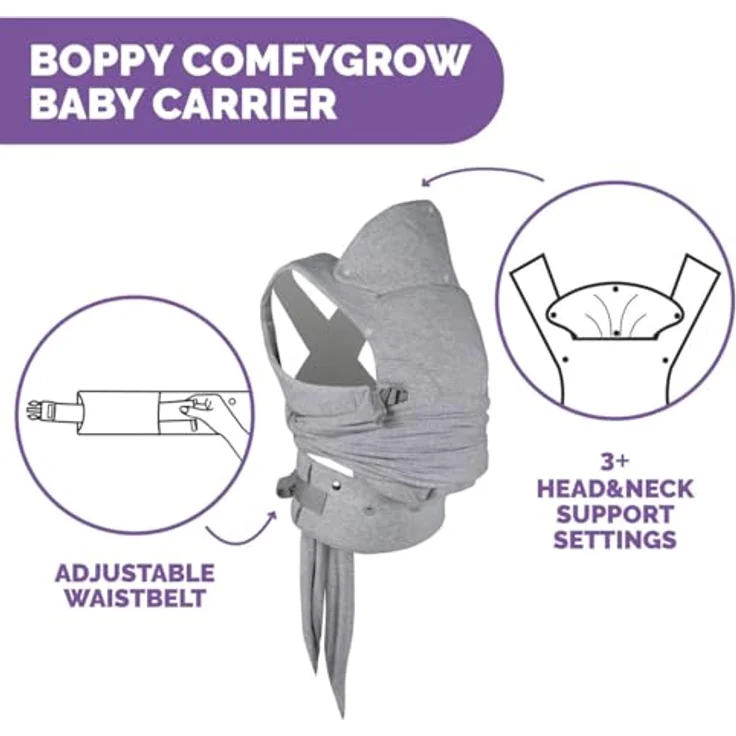 Chicco Boppy Comfygrow Babytrage, ergonomische Bauchtrage für Babys 3,5 - 15 kg, grau, waschbar – Bild 6