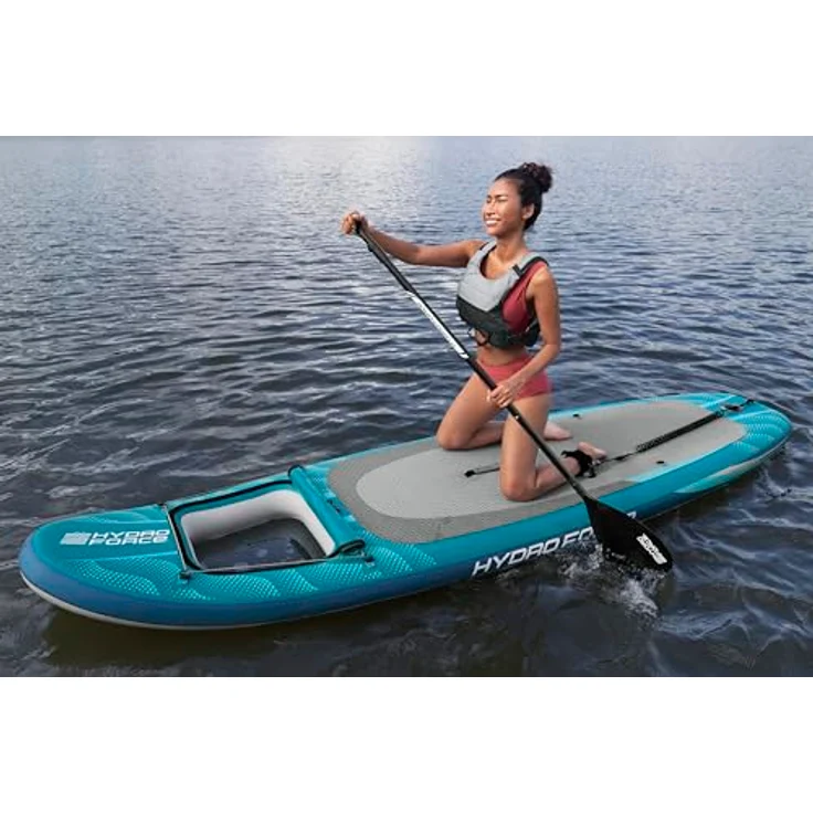 Bestway Hydro Force SUP Aqua Drifter Board-Set, 335 x 91,5 x 15 cm, bis 140 kg, FortiFiber Material, PVC-Oberfläche, abnehmbare Finne, Anti-Rutsch, Fenster, Pumpe, Paddel, Rucksack, Coil-Leash – Bild 2