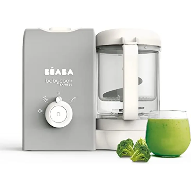 BEABA, Babycook Express, 4 in 1 Babynahrungszubereiter, schnelles Kochen: weniger als 15 Min, Mixen, schonendes und gesundes Dampfgaren, Auftauen, Aufwärmen, Kapazität 1250 ml, Samtgrau