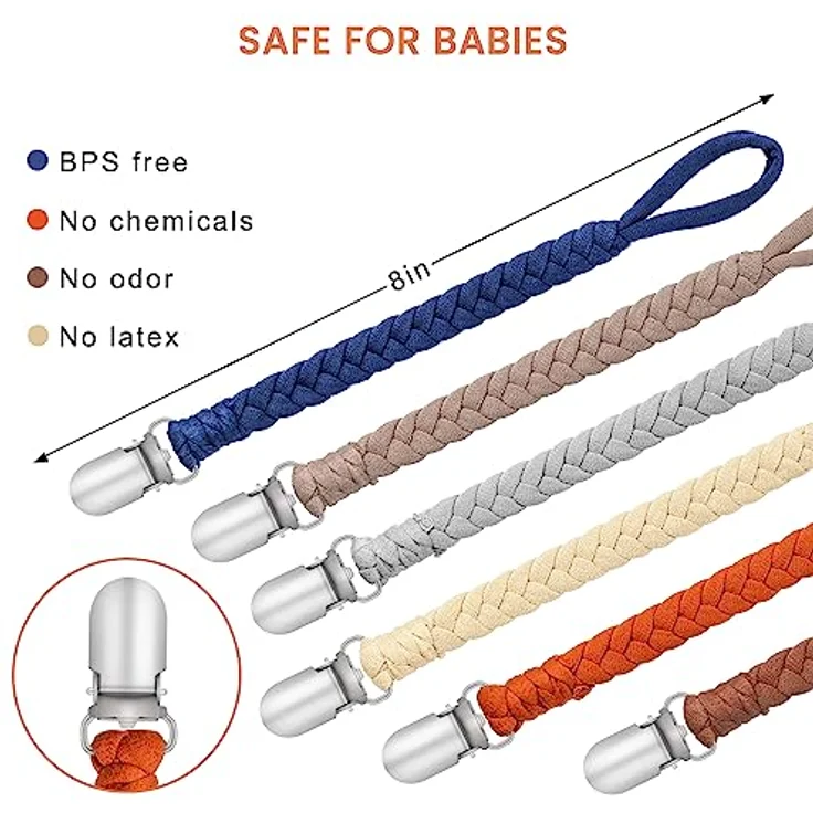 CLDY Schnullerkette Baby, 6 Stück Schnuller Halter Set aus Baumwolle, Unisex Designs für Jungen und Mädchen, Praktisch für Schnuller und Spielzeug, Hygienisch und Sicher – Bild 5