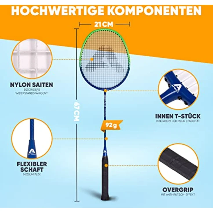 Apollo Badminton Set | Carbon Profi Badmintonschläger | Leichtgewicht Badminton Schläger | Federballschläger Set für Training, Sport und Unterhaltung mit Schlägertasche | Federball Set Kinder – Bild 2