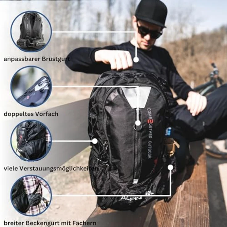 NOWI Wanderrucksack 40L, Outdoor-Rucksack mit Regenhülle, ergonomisch, in Blau, Pink, Limette, Navy, Olive und Schwarz – Bild 2