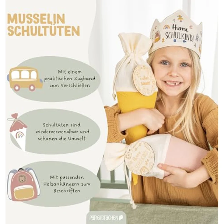 Papierdrachen 2 Schultüten, Musselin, Gelb & Rosa, mit Holzanhängern und Namensschildern, Geschwistertüte, 47,5 x 18 cm – Bild 4