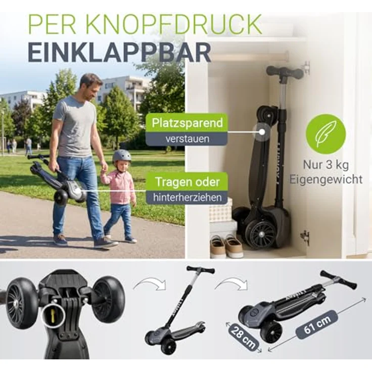 JUSKYS Kinderroller Lumox Schwarz, höhenverstellbarer Dreiradscooter mit LED-Rollen, 4-Farb-Blinkeinstellung, klappbar & Hinterradbremse – Bild 5