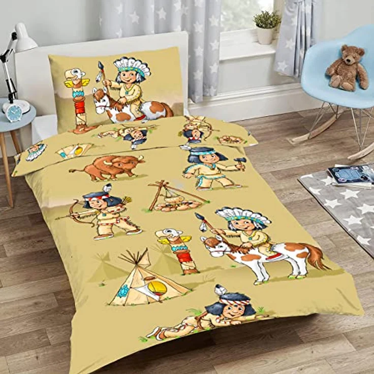 ESPiCO Bettwäsche Sleep and Dream Indianer Federn Wigwam Marterpfahl Lagerfeuer Pfeil Bogen Bison Renforcé, 135x200 cm, 100% Baumwolle, hochwertiger Digitaldruck, Indianer-Motive, atmungsaktiv – Bild 5