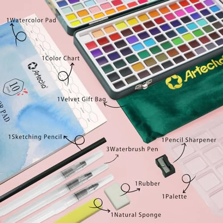 Artecho Aquarellfarben Set 168 Farben, Tragbare Box mit 12 fluoreszierenden, 48 metallic, 24 macaron und 84 klassischen Farben, inklusive Pinsel und Aquarellpapier für Künstler und Hobbymaler – Bild 3
