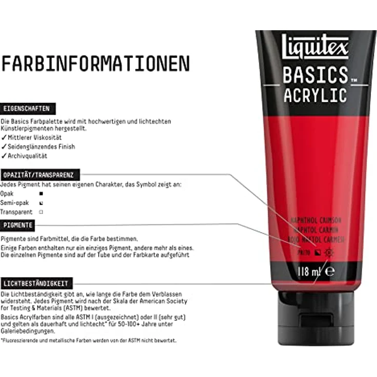 Liquitex Basics Acrylfarbe Naphtholrot Karmin, 118ml Tube, lichtecht, mittlere Viskosität, seidenglänzend, monopigmentiert, Archivqualität – Bild 3