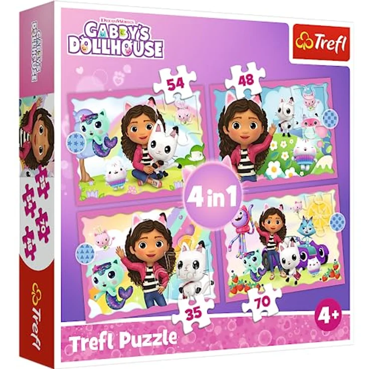 Trefl 34620 4In1 Puzzle Serien Helden und Katzenhäuschen, 35-70 Teile, Kinder Ab 4 Jahren, Gabby's Dollhouse Theme, Hochelement, Gabis Abenteuer – Bild 1