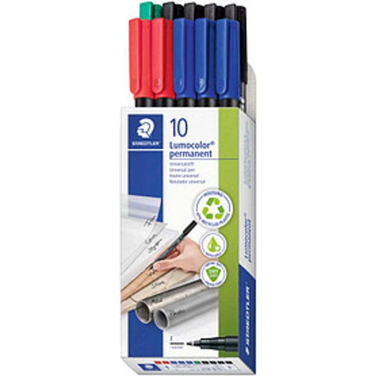 STAEDTLER Lumocolor Folienstifte farbsortiert permanent, 10 St. - wisch- und wasserfest, feine Rundspitze, ideal für OHP-Folien und glatte Oberflächen