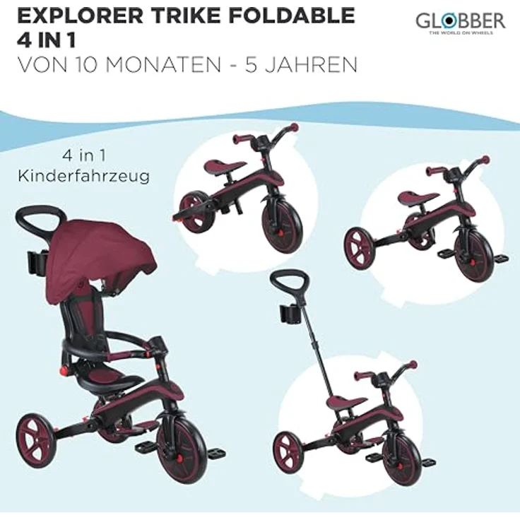 Globber Explorer Trike Foldable 4in1, Dunkelrot – Dreirad, Laufrad und Kinderwagen mit UV-Sonnenschutzdach, höhenverstellbar, TPR-Sitz, 10/8,5 Zoll – Bild 3