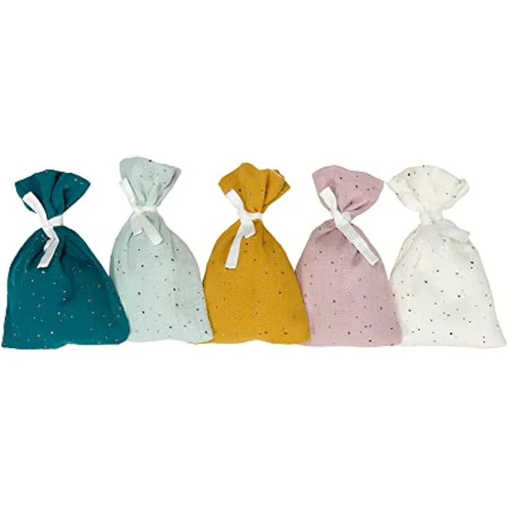 KraftKids Adventskalender aus 100% Baumwolle, Weihnachtskalender zum Befüllen in Musselin goldene Punkte Grün Gelb Rosa Weiß, handgefertigt in der EU