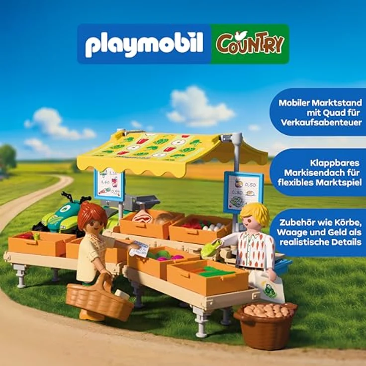 Playmobil Farm Stand 72164, mobiler Marktstand mit Quad, Aufklappbarer Markise und Zubehör – Bild 3