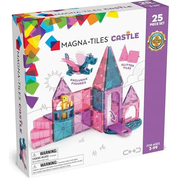 Magna-Tiles Castle 25-teiliges Magnetbauset mit Zugbrücke, Drachenfigur und Wendeltreppe, geeignet für Kinder ab 3 Jahren