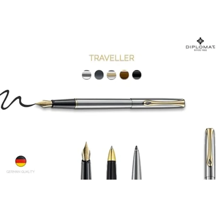 DIPLOMAT Füllhalter Traveller Edelstahl vergoldet, Edelstahlfeder, in Geschenke-Etui, MADE IN GERMANY – Bild 4