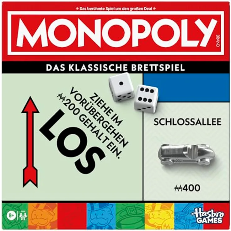 Monopoly Basisspiel mit Aufbewahrungsfach und größeren Spielfiguren - Deutsche Fassung, Brettspiel mit 8 Metallfiguren, inkl. Hund, Katze und Rennwagen