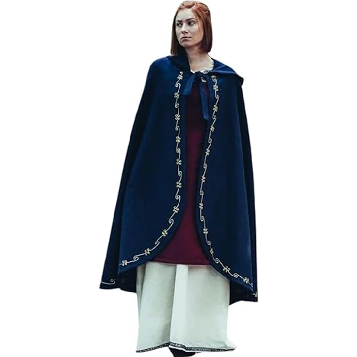 Leonardo Carbone® Mittelalter Wollumhang Ásidís mit Handstickerei - Mittelalter Kleidung Damen, Cape Damen, Hobbit Kostüm, LARP-Kleidung, Wikinger, Cosplay Damen, Halloween, Karneval Blau – Bild 1