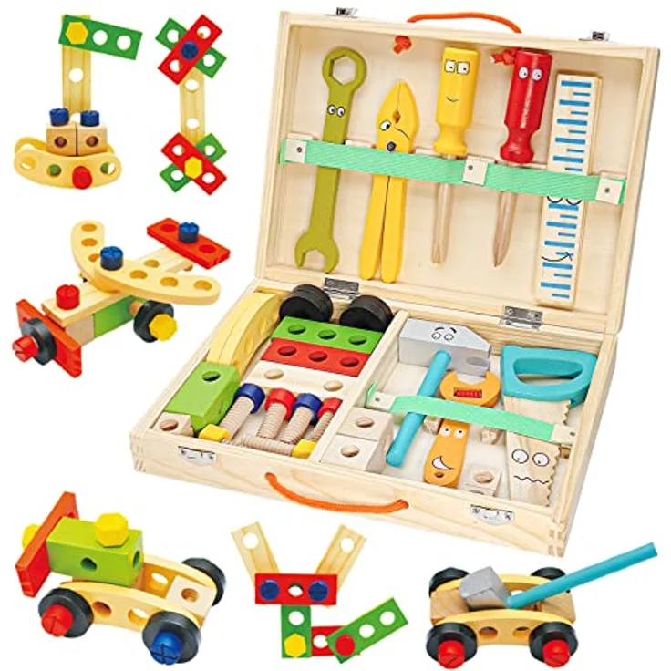 Withosent Werkzeugkoffer Kinder Holz, 34 Stück Werkzeug Kinder Holzspielzeug, Werkzeugsatz Holzwerkzeugen, DIY Autos Spielzeuge kinderspielzeug ab 3 Jahre Jungen Mädchen – Bild 2