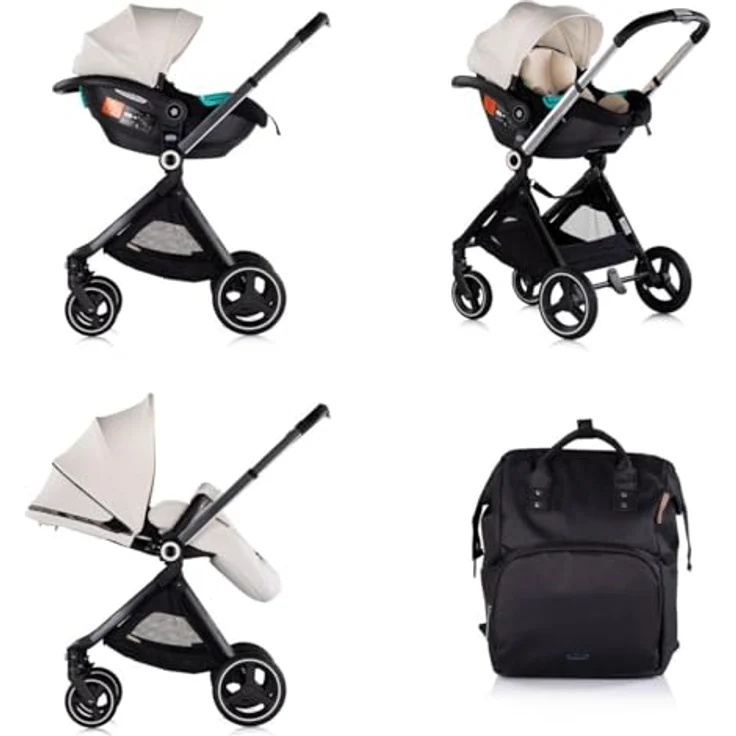 Chipolino Kinderwagen Elite 3 in 1 i-Size Babyschale Sportsitz Babywanne Tasche, schwarz beige, klappbar, mit i-Size Autositz, Aluminiumrahmen, verstellbare Rückenlehne – Bild 3