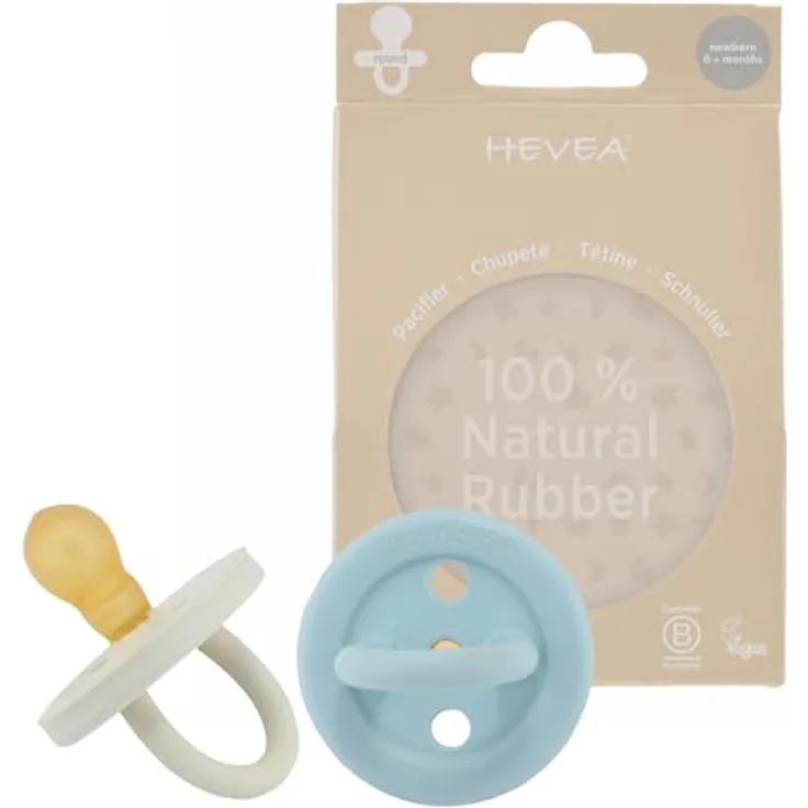 HEVEA BumiBébé Schnuller, Naturkautschuk, runde Saugerform, hygienisches einteiliges Design, BPA-frei, 2er Pack (Denimblau & Salbeigrün), für Neugeborene 0+ Monate